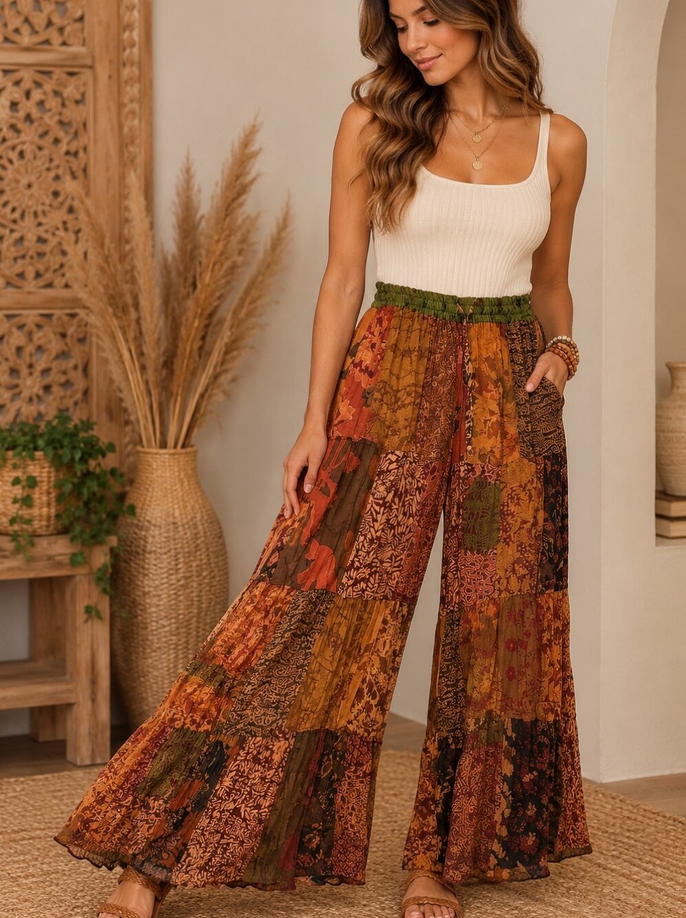 572. Boho Patchwork Wide-Leg Viscose Pants